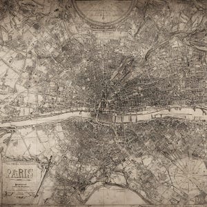 Könnte beinhalten: Eine antike Karte von Paris, Frankreich, in Sepiatönen. Die detaillierte Kartografie zeigt das Layout der Stadt, einschließlich Straßen, Gebäude und der Seine. Das Wort "PARIS" ist prominent in der unteren linken Ecke dargestellt.