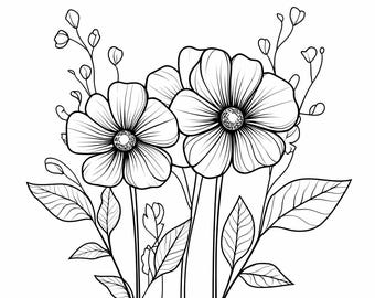 Clipart de arte floral lineal: tallos de flores en blanco y negro (PNG JPG)