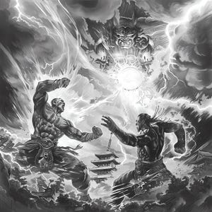 以下が含まれることがあります： 白黒イラストで、稲妻、雲、伝統的な塔を背景に、2人の筋肉質な人物が戦闘を行っています。 大きく不吉な顔が上に浮かんでおり、ドラマチックなシーンを盛り上げています。
