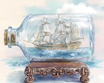 May include: An illustration of a sailing ship contained within a clear glass bottle, resting on an ornate wooden stand. The ship features white sails and a blue and gold hull. The background depicts a seascape and sky, with the bottle's cork visible.