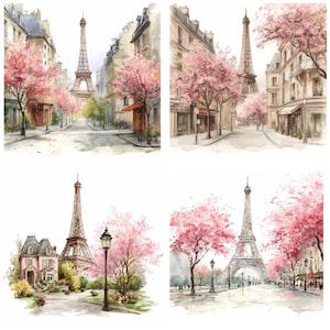 Lot aquarelle romantique rue de Paris avec tour Eiffel et fleurs de cerisier, scène de café français imprimable, JPG et PNG transparent