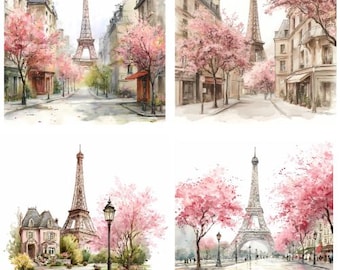 Torre Eiffel de París: Acuarela: Cerezos en flor y café francés (PNG y JPG)