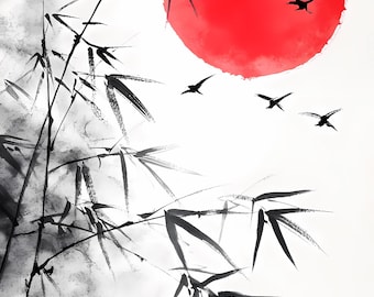 Chinese Watercolor Landscape Art: Red Sun Nature Print (PNGs)