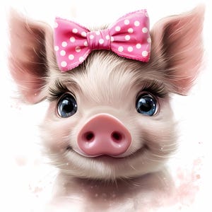 Imágenes prediseñadas de cerdito con estilo, 8 adorables imágenes de acuarela de cerdito con lazo rosa, imágenes PNG imprimibles de alta calidad para guarderías de cerditos para divertidos proyectos de manualidades.