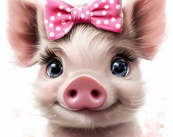 Stylish Piggy Clipart PNG, 8 Adorable Pig with Pink Bow watercolor images, High Quality Piglet Nursery Printable PNGs for Fun Craft Projects