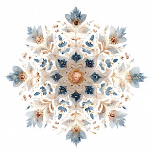 May include: A symmetrical watercolour floral design. The design features blue, gold, and cream-coloured flowers and leaves arranged in a circular pattern. The artwork has a delicate, artistic style, suitable for home decor or textile design.