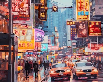 Impression d'Art paysage urbain de nuit de Hong Kong : Kowloon Peak Skyline, téléchargement numérique PNG