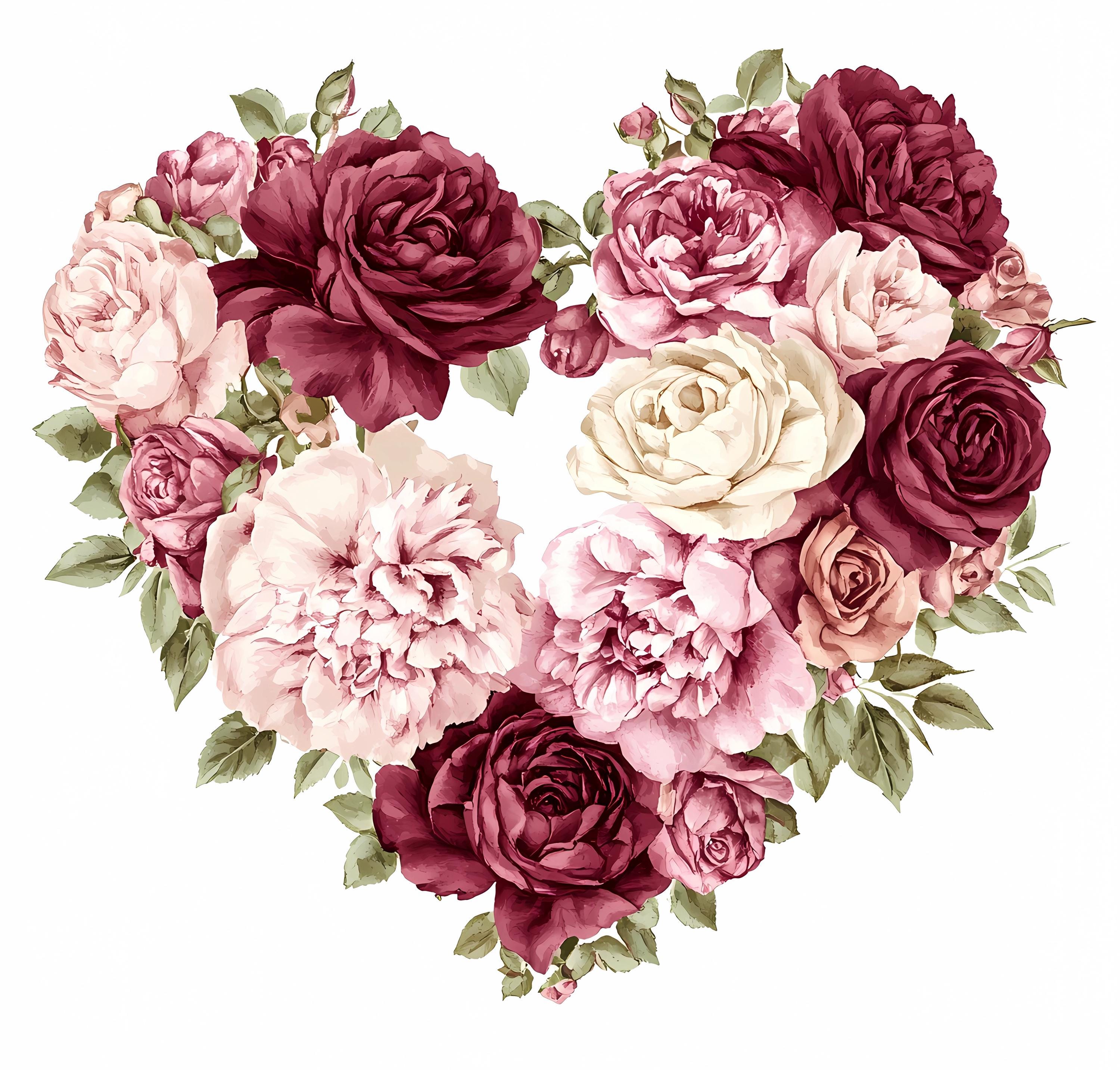 Watercolor Rose Heart Wreath Clipart: Burgundy Floral PNG Bundle ...