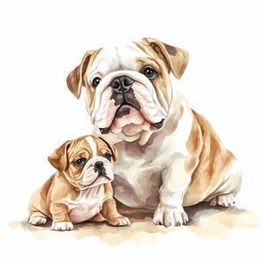 English Bulldog Watercolor Clipart Bundle Set of 8 Include High Quality Png Design, Bulldog Portrait, Bulldog Mom and Puppy, Dog lovers gift