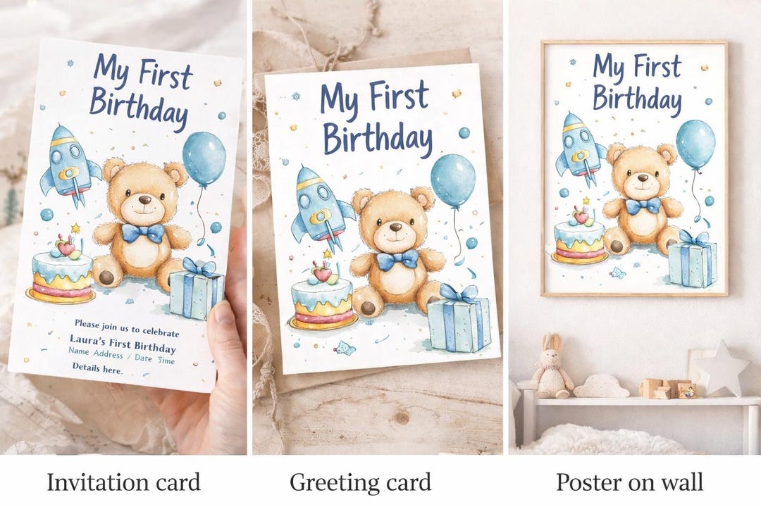 Teddy Bear First Birthday Clipart Bundle, Blue Birthday Decorations for ...