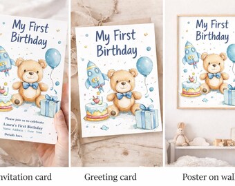 Teddy Bear First Birthday Clipart Bundle, Blue Birthday Decorations for Baby Boy Invitations, 65