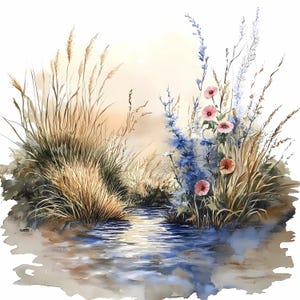 Ensemble rond de paysage floral à l'aquarelle avec fleurs sauvages et reflets, scène de prairie pastel avec ciel bleu, rivière, fleurs roses, JPG PNG