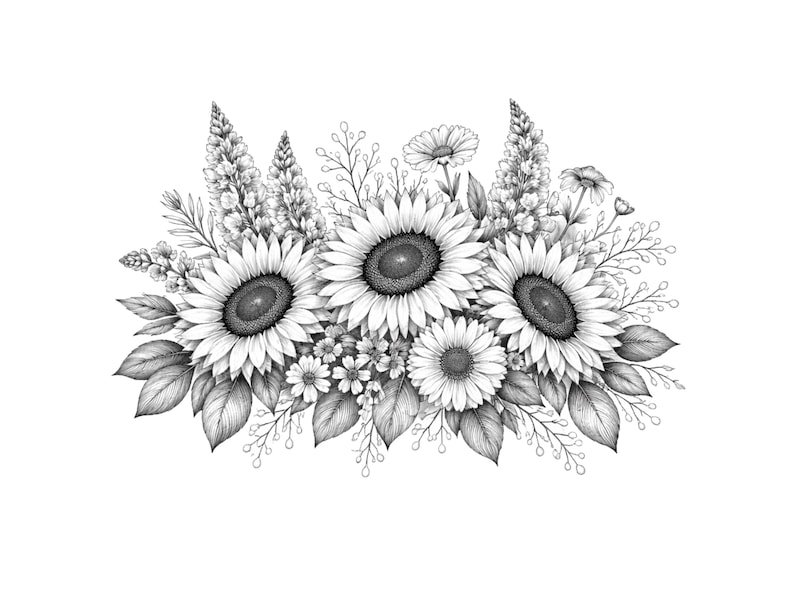 Botanical Floral Line Art Bouquets: Elegant Black White Wedding ...