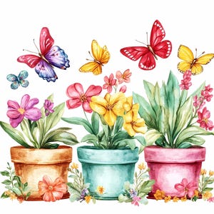 8 Clipart fleur fantaisiste mignon, rangée de fleurs des cliparts, fleurs de printemps des cliparts parterre de fleurs, fleurs aquarelles imprimables et papillons