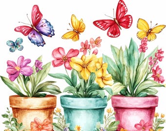 Watercolor Flower Clipart: Spring Flowerbed & Butterflys Digital Download, 253