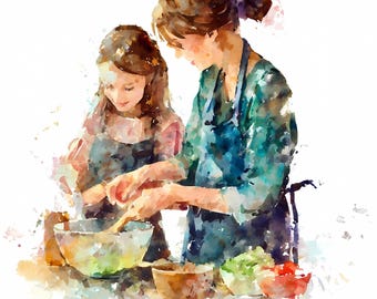 Watercolor Mother Daughter Cooking Clipart Bundle: Kitchen Art, PNG JPG Digital Download