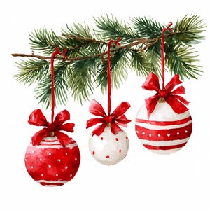May include: Watercolor illustration of three Christmas ornaments hanging from a pine branch. The ornaments are white with red polka dots and stripes, each topped with a red bow. The pine branch is green and brown.
