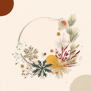 May include: A decorative circular design featuring a gold outline with a cream-colored interior. The design is adorned with various elements, including snowflakes, starbursts, and sprigs in shades of green, red, and gold, set against a cream background.