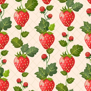 Decorative strawberry pattern artwork combining cute fruit shapes, gentle color tones, and repeating structure, ideal for kitchen wall decor, fabric surfaces, scrapbooking layouts, stationery products, gift packaging, nursery accessories, and creative designs inspired by summer berries and playful aesthetics.