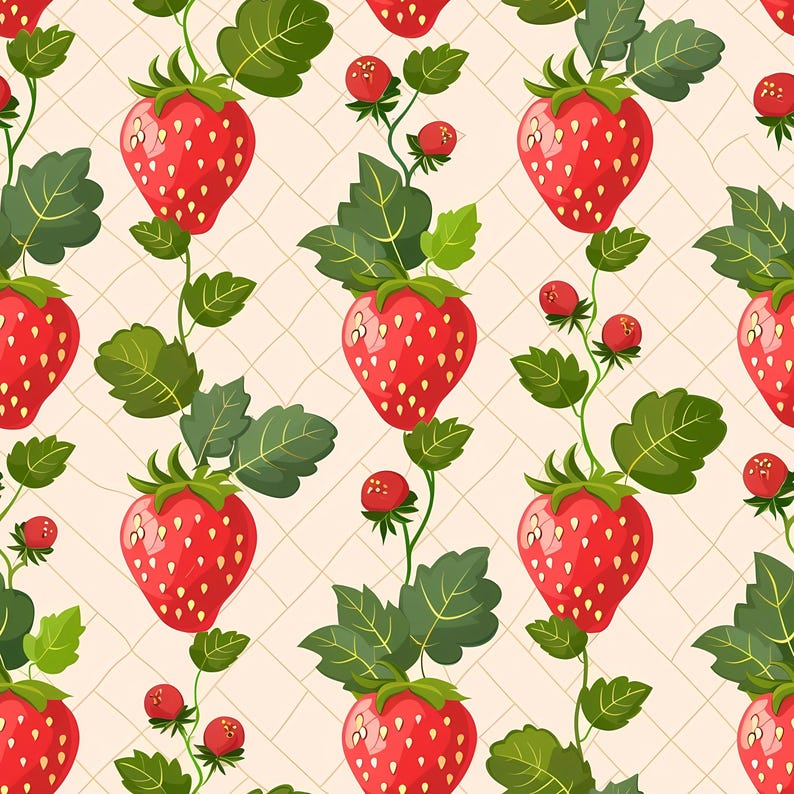 Decorative strawberry pattern artwork combining cute fruit shapes, gentle color tones, and repeating structure, ideal for kitchen wall decor, fabric surfaces, scrapbooking layouts, stationery products, gift packaging, nursery accessories, and creative designs inspired by summer berries and playful aesthetics.