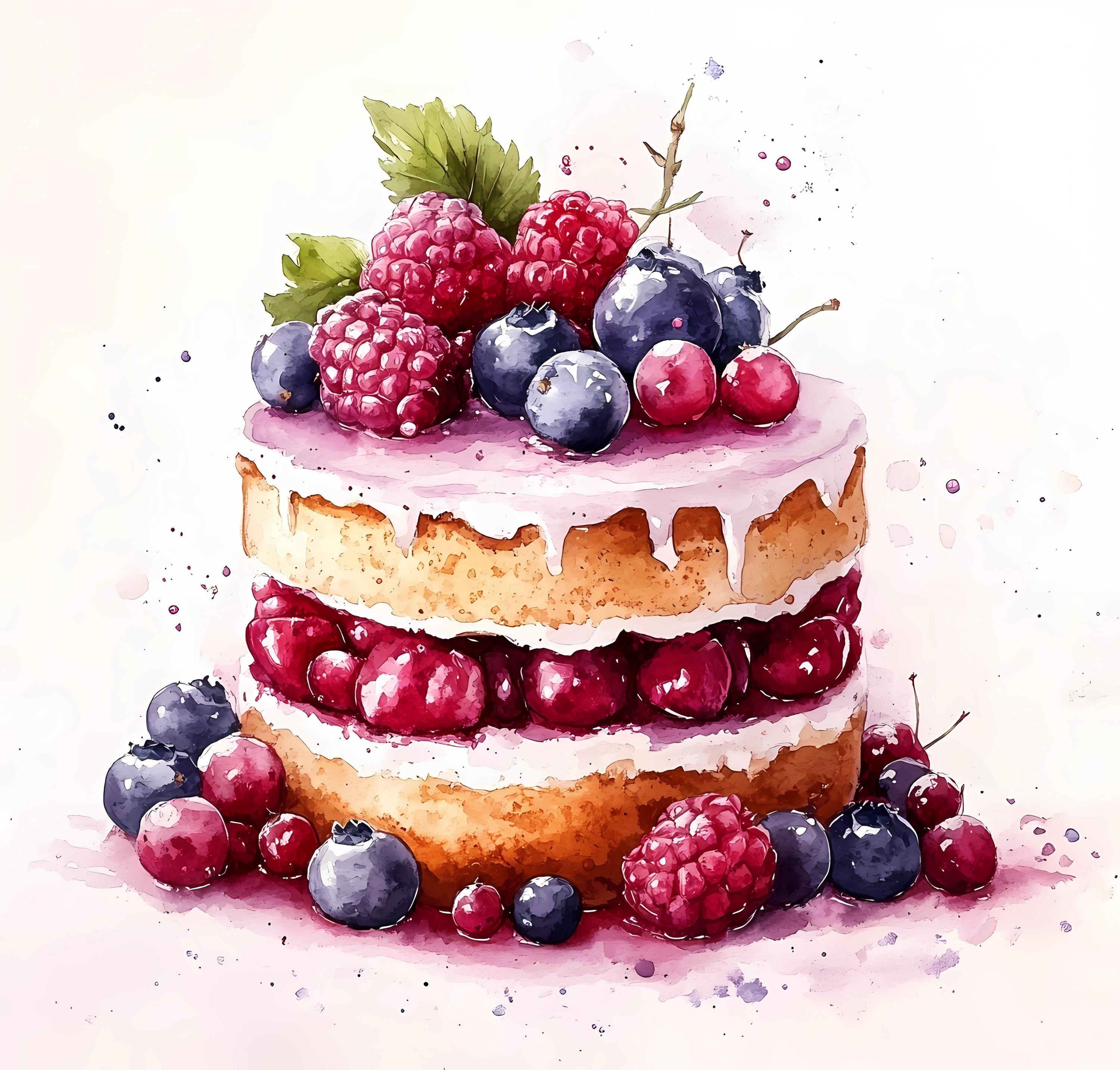 Watercolor Berry Cake Clipart Bundle: Printable Dessert Art, PNG JPG ...