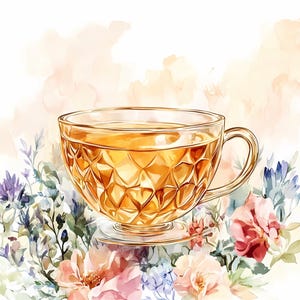 8 Clipart di tazze da tè di cristallo, Clipart di tè, Tazze da tè stampabili, Set da teiera, Set da tè in vetro, PNG di alta qualità, Diario spazzatura, Download digitale, Artigianato