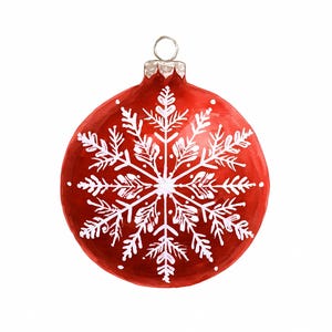 Paquete de imágenes prediseñadas de adornos navideños rojos: adornos de cristal vintage con copos de nieve, archivos PNG de decoración navideña, gráficos imprimibles festivos