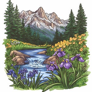 Pacote de clipart em aquarela de flores silvestres e lago de montanha, flores desabrochando e cena natural de montanhas alpinas PNG JPG, paisagem floral