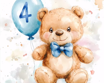 4th Birthday Animals Clipart: Bear & Balloon PNG Set (Digital Download)