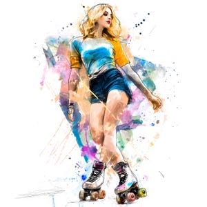 Può includere: Illustrazione ad acquerello di una persona che pattina sui pattini a rotelle. La persona indossa un top blu e giallo, pantaloncini di jeans e pattini bianchi con lacci neri. Lo sfondo presenta schizzi di vernice colorati.