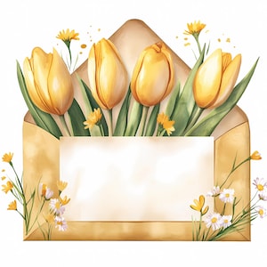 Yellow Tulip Envelope Clipart with Daisies, Spring Floral Card Template, Watercolor Flower Envelope PNG JPG, Vintage Yellow Tulips Daisy
