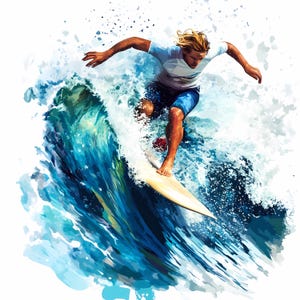 Puede incluir: Un surfista monta una ola en una tabla de surf. La ola es azul y blanca con salpicaduras de agua. El surfista lleva una camisa azul y blanca y pantalones cortos azules. La tabla de surf es blanca con una franja azul.