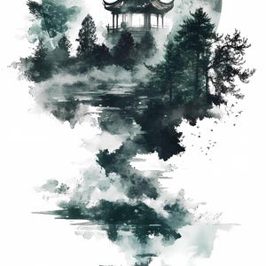 Puede incluir: Una pintura de acuarela de una pagoda china tradicional rodeada de árboles y nubes. La pagoda está en el centro de la imagen y está rodeada por un círculo de árboles y nubes. La pintura está hecha en tonos de gris y verde.