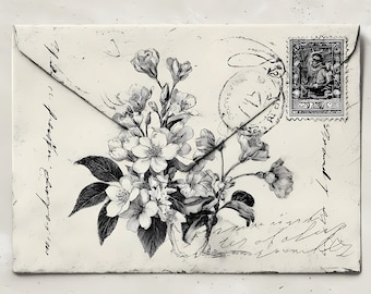 Vintage Floral Envelope Clipart Bundle: Botanical Ink Illustrations (PNG & JPG Set of 12)