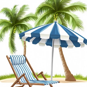Può includere: Illustrazione di una scena sulla spiaggia con un ombrellone a strisce blu e bianche e una sedia a sdraio abbinata. Due palme sono sullo sfondo. La sedia è in legno e la scena è ambientata sulla sabbia.
