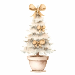 May include: Watercolor illustration of a small Christmas tree in a pot. The tree is white with gold bows and a brown trunk. The pot is a light beige color. The image is a watercolor painting.