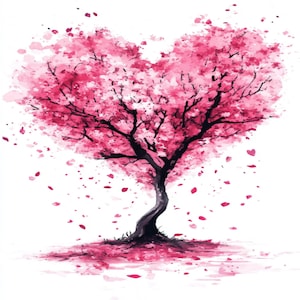 Árvore de amor em forma de coração, clipart de dia dos namorados, clipart de árvore de amor em aquarela de casamento, árvore rosa e vermelha com corações, arte de parede de clipart romântica