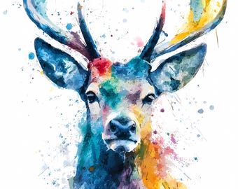 Watercolor Deer Head Art Prints: Abstract Stag Portrait Set Digital Download