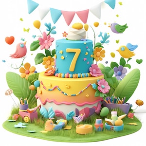 Paquete de imágenes prediseñadas de números de pastel para el séptimo cumpleaños, imágenes prediseñadas de pastel, imágenes prediseñadas de dibujos animados imprimibles, PNG de alta calidad, manualidades de papel, diario basura