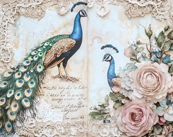 Vintage Peacock Floral Junk Journal Pages Shabby Chic Scrapbook Backgrounds