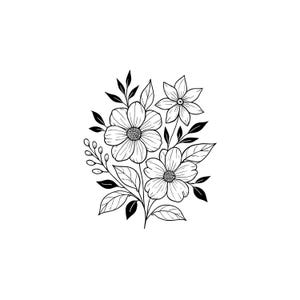 以下が含まれることがあります： 白黒の線画イラスト。詳細な花びらを持つ3つの開いた花が描かれ、葉とつぼみが周囲に配置されています。様々な用途に適したデザインです。