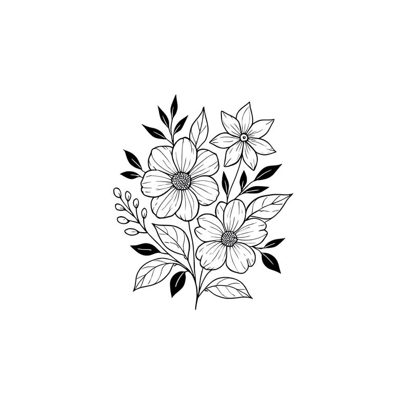 以下が含まれることがあります： 白黒の線画イラスト。詳細な花びらを持つ3つの開いた花が描かれ、葉とつぼみが周囲に配置されています。様々な用途に適したデザインです。