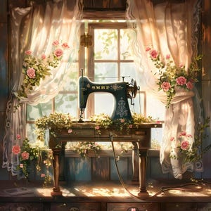 Vintage Sewing Machine Clipart with Flowers – Watercolor Retro Sewing Decor Bundle Set of 12 JPG PNG