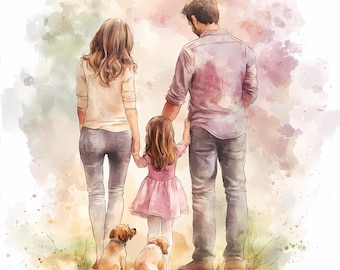 Watercolor Family Clipart Set of 12: Parents, Kids, Dog Illustration, PNG Digital Download
