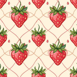 Strawberry pattern illustration showing repeating red berries with soft highlights and green leaves, arranged on a pastel background to create a warm summer feeling, suitable for wallpaper designs, kitchen accessories, fabric decor, creative crafts, paper goods, packaging visuals, and decorative fruit themed projects.