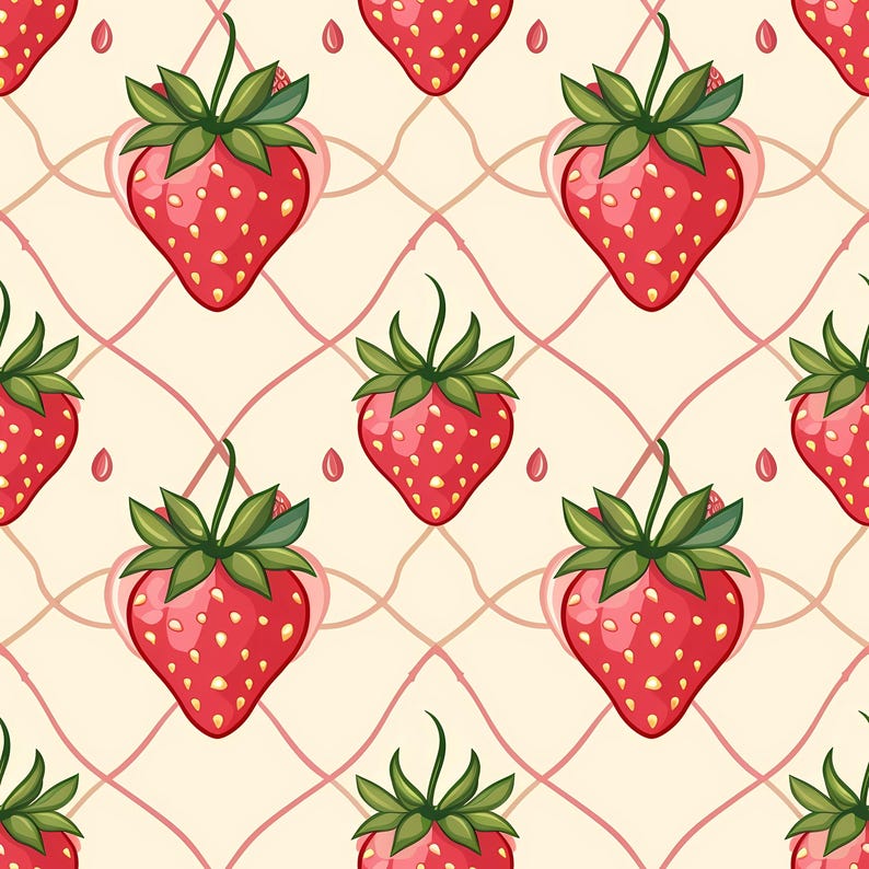 Strawberry pattern illustration showing repeating red berries with soft highlights and green leaves, arranged on a pastel background to create a warm summer feeling, suitable for wallpaper designs, kitchen accessories, fabric decor, creative crafts, paper goods, packaging visuals, and decorative fruit themed projects.