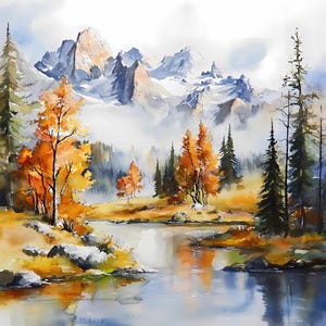 Watercolor Mountain Lake Clipart Bundle: Autumn Scenery PNG JPG Prints