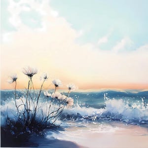 Margaridas brancas na costa do oceano - impressão de arte em aquarela - 10 pinturas florais de praia azul - arte de parede de verão costeira para decoração de casa moderna