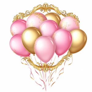 Lot de 8 ballons roses et dorés | Ballon scintillant PNG | Ballons de fête des cliparts | Ballon de mariage PNG | Clipart ballon anniversaire
