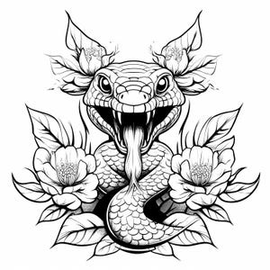 Könnte beinhalten: Schwarz-Weiß-Illustration einer Schlange mit herausgestreckter Zunge, umgeben von Blumen und Blättern. Die Schlange hat detaillierte Schuppen und scharfe Zähne. Das Design ist im Tattoo-Stil gehalten.